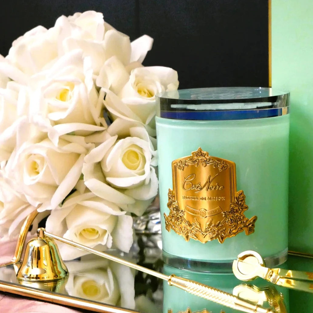 COTE NOIRE-LIMITED EDITION CANDLE * TIFFANY JADE BLUE VESSEL 450G CANDLE IN PERSIAN LIME WITH CRYSTAL GLASS LID