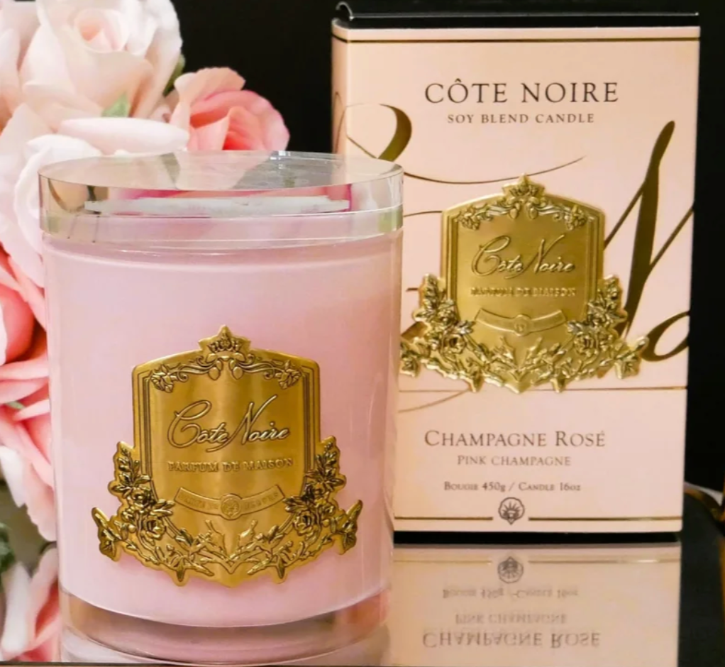 COTE NOIRE-LIMITED EDITION CANDLE * PINK VESSEL 450G CANDLE IN PINK CHAMPAGNE WITH CRYSTAL GLASS LID