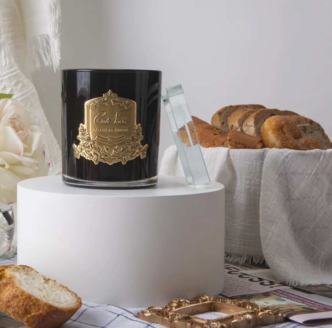 Cote Noire Candles - Dark Vessel with Gold Badge - French Morning Tea