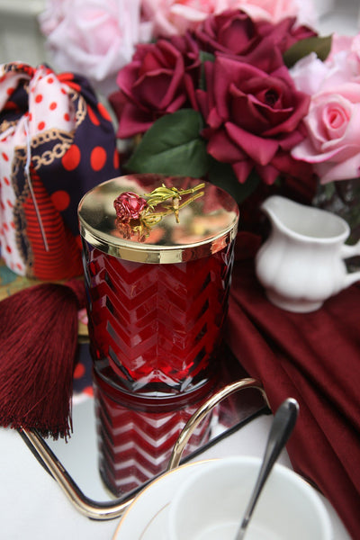 HERRINGBONE CANDLE WITH SCARF ROSE OUD - RED & RED ROSE LID | Angela Jewellery Australia