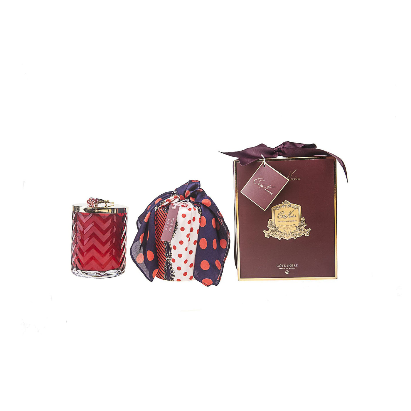 HERRINGBONE CANDLE WITH SCARF ROSE OUD - RED & RED ROSE LID | Angela Jewellery Australia